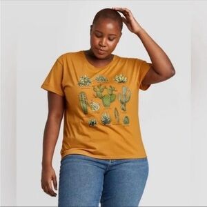 Fifth Sun Mustard Poly-Cotton Tee with Cactus Designs - Size M